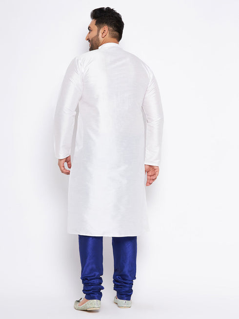 Jashvi Men's Plus Size White Silk Blend Kurta And Blue Pyjama Set